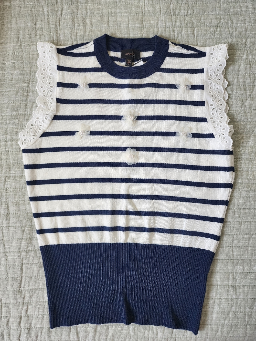 Striped Navy and White Sleeveless Knit Top with Lace Trim S Size